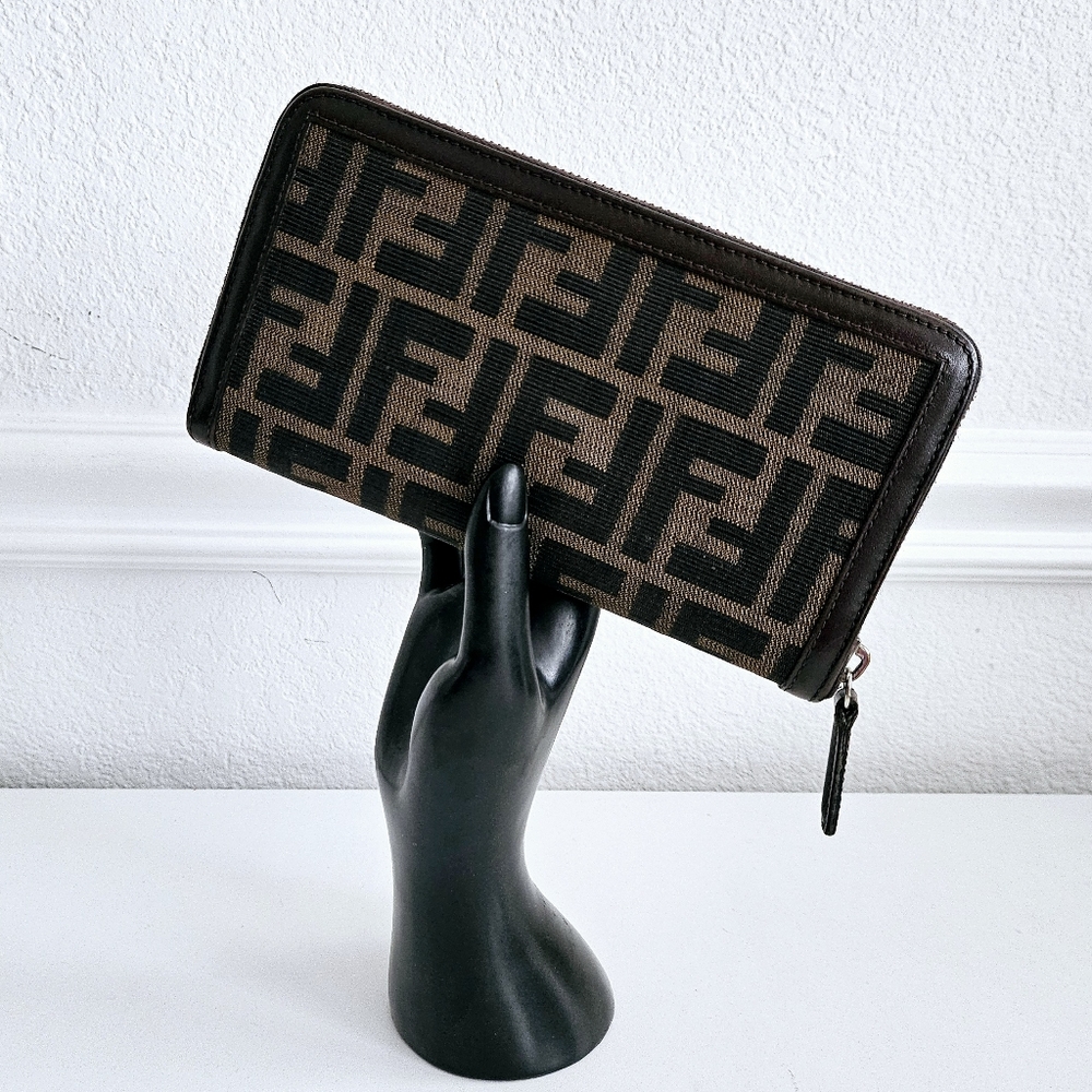 Fendi Zucca Brown Leather & Canvas Zippy Long Wallet